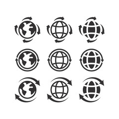 Globe planet with arrows black vector icon set. Reload or loop website earth arrow symbol.