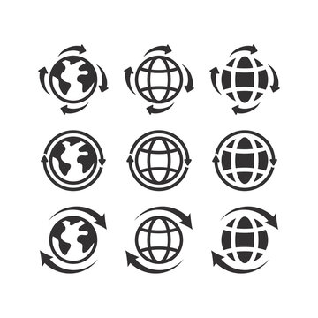 Globe planet with arrows black vector icon set. Reload or loop website earth arrow symbol.