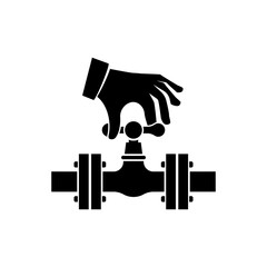 Open valve gas black silhouette icon. Flow control. Vector illustration flat design. Isolated on white background. Oil and gas operations. Hand opening the tap on the yellow pipe.