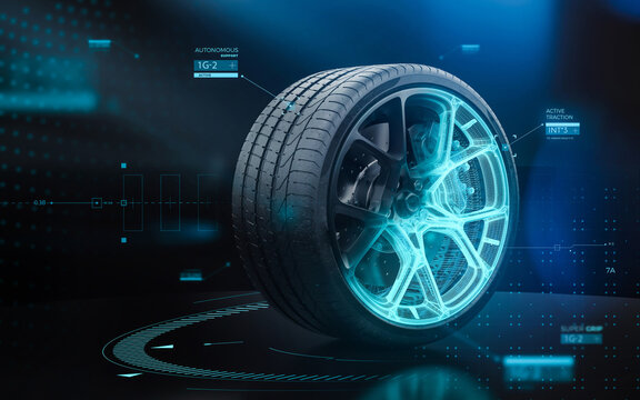 Futuristic sports car tyre technology concept with rim wireframe intersection (3D illustration)