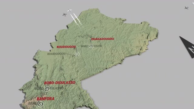 Seamless looping animation of the 3d terrain map of Burkina Faso with the capital and the biggest cites in 4K resolution