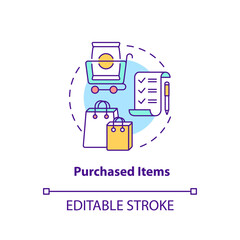 Purchased items concept icon. Customer behavior pattern idea thin line illustration. Obtaining food and essential products. Shopping process. Vector isolated outline RGB color drawing. Editable stroke