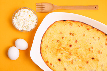 Cottage cheese casserole in a baking dish