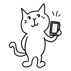 スマートフォンを持って見せている可愛い白猫のキャラクター