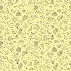 Seamless pattern from seashells in a contour on a yellow background.