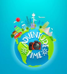 Obraz premium Adventure time vector illustration. Travel illustration with different world sights and the Earth