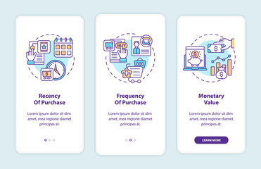 RFM model analysis onboarding mobile app page screen with concepts. Purchase recency, frequency walkthrough 3 steps graphic instructions. UI, UX, GUI vector template with linear color illustrations