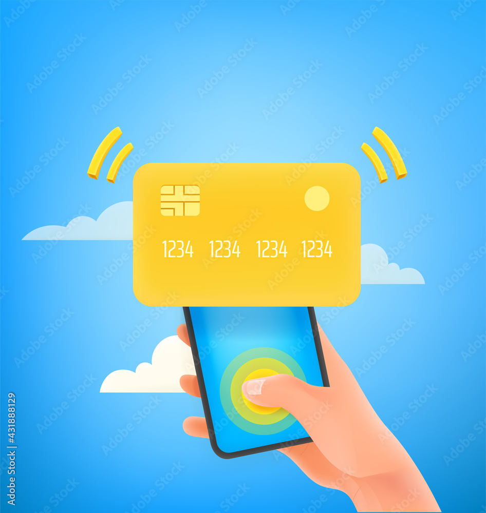 Poster man using credit card for payment via smartphone