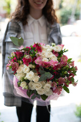 bouquet of alstroemeria, eucalyptus and white bush rose, floral bouquet