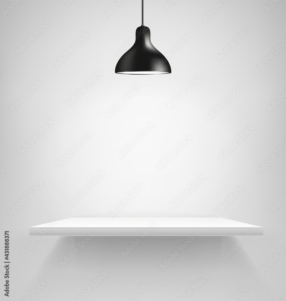 Poster white illuminated interior with shelf and lamp