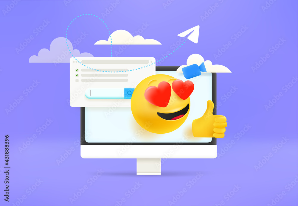 Poster Using modern social media. Concept with cute 3d style vector elements