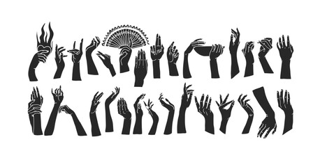 Hand drawn vector abstract stock flat graphic illustration with logo elements collection set bundle,woman magic black silhouette hand touch in simple style for branding,isolated on white background