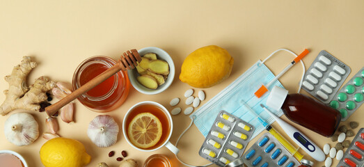 Concept of alternative cold treatment on beige background, top view