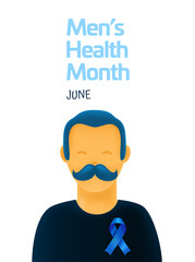 Mens Health Month. Celebrated Every June. Man with blue ribbon and moustache