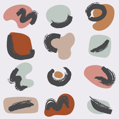 Naklejka premium Set contemporary graphics shapes. Doodle abstract objects and trendy geometric forms. Creative hand drawn scribbles primitive vector style