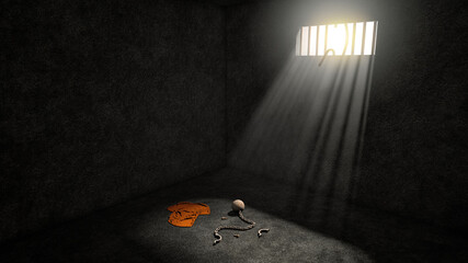 Prison with broken prison bars after prisoner escape and leaves prison uniform, ball and chain in prison room. Jailbreak or escape concept.