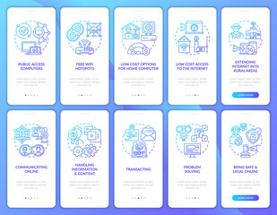 Digital inclusion navy onboarding mobile app page screen with concepts set. Digitalization walkthrough 5 steps graphic instructions. UI, UX, GUI vector template with linear color illustrations