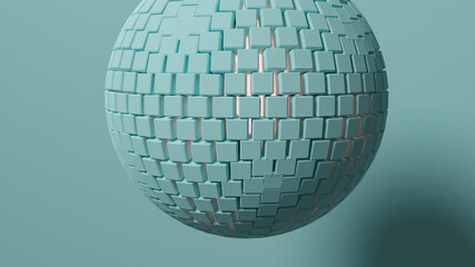 3D Illustration. of turquoise sphere composed of cubes