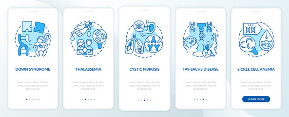 Most common genetic diseases blue onboarding mobile app page screen with concepts. Health walkthrough 5 steps graphic instructions. UI, UX, GUI vector template with linear color illustrations
