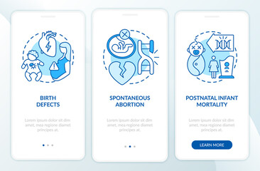Fototapeta na wymiar Genetic defects results blue onboarding mobile app page screen with concepts. Hereditary disease walkthrough 3 steps graphic instructions. UI, UX, GUI vector template with linear color illustrations
