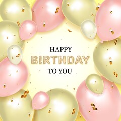 Happy birtday greeting card with pink and golden balloons and golden letters. Vector illustration