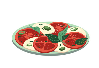 Caprese salad,Mozzarella Cheese,sliced tomatoes,basil,oregano spice isolated on white background. Healthy vegetarian mediterranean food.Vector illustration for postcard,banner,poster, web design, menu