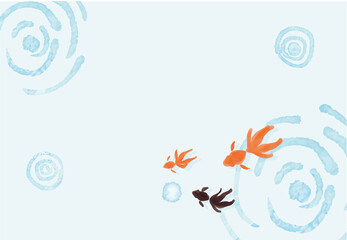 和風 金魚と波紋の暑中見舞いハガキ 印刷用3mm塗り足し ベクター