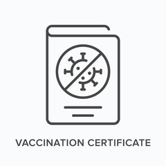 Vaccination certificate flat line icon. Vector outline illustration of document. Black thin linear pictogram for virus passport