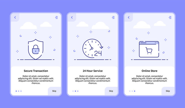 commerce onboarding secure transaction 24 hour service online store for mobile app banner template with dashed line style