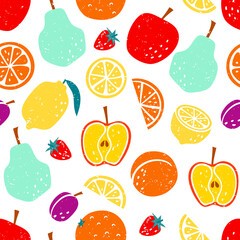 Vector seamless pattern with apple, lemon, pear, plum and orange.