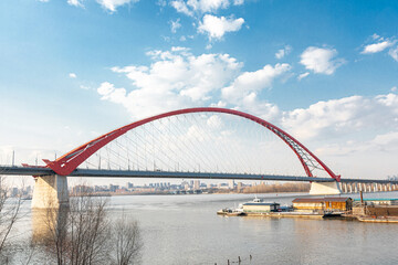 Novosibirsk, Russia - April 30, 2021: Bugrinsky bridge under the blue sky