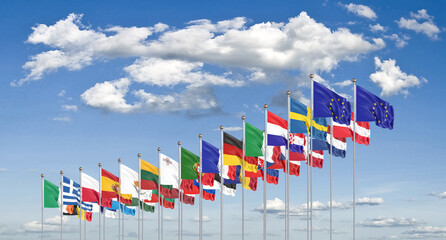 27 waving flags of countries of European Union (EU). Cloud background. 3D illustration.