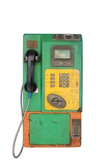 Public telephone isolated on white, rust and  dirty, in Thailand