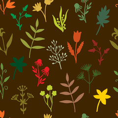 Fototapeta na wymiar Seamless pattern of wild herbs and flowers isolated on a marsh background. Bright autumn design of botanical elements. Vector illustration of plants, branches, leaves, buds, berries. Interior design.