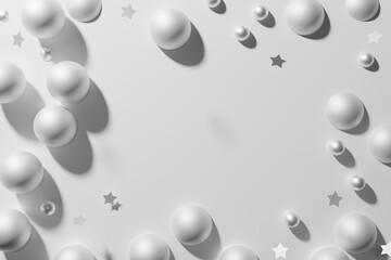 3d render white matte metallic spheres, pearles and star confetti frame on a light monochrome background