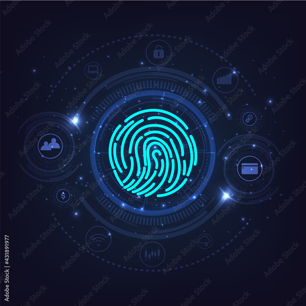 Poster fingerprint scanning on dark blue technology background.cyber security background.data protection, p
