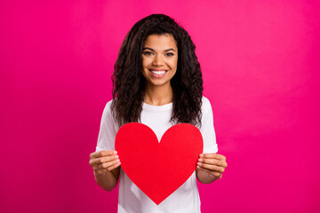 Photo of flirty brunette young lady hold heart wear white t-shirt isolated on pink color background