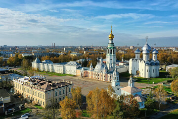 autumn vologda kremlin, drone top view, russia religion christian church