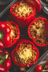 Red peppers stuffed with beef meet and mozarella cheese with herbs and garlic