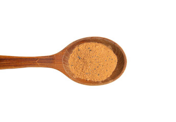 Flat lay view of yellow color  superfood powder on wood spoon, isolated on white with lot of copy...