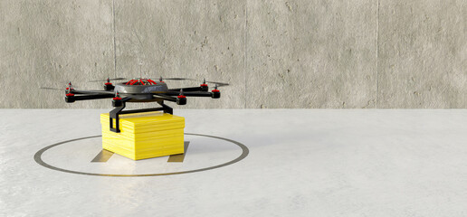 drone on a runway taking off with a package for home delivery. future delivery concept