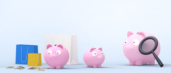 Business Analytics Data concept and seo marketing with investment and piggy bank on Blue. copy space, digital, banner, website -3d Rendering