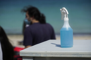 disinfectant. disinfectant located at the entrance to a beach club in Vama Veche, Romania.Covid 19.