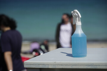 disinfectant. disinfectant located at the entrance to a beach club in Vama Veche, Romania.Covid 19.