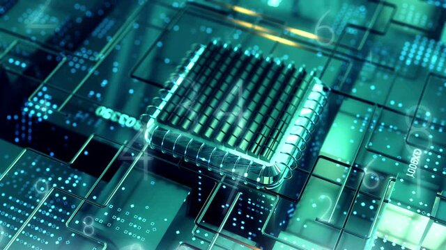 Crypto data mining on blockchain technology. Futuristic virtual CPU processor on cryptography concept. 4K UHD visualization animation transfer binary code digit video loop background.