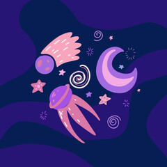 Fototapeta na wymiar Childrens illustration of a space satellite, crescent moon, Saturn and stars on dark violet background. Space adventure. Galaxy exploration. Vector hand drawn flat illustration