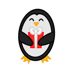 Illustration cute penguin with a gift in his hands isolated on a white background. Design element for poster label sign emblem menu. Vector illustration.