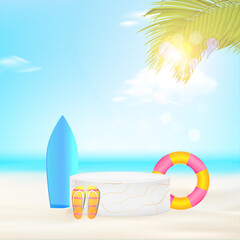 Minimal geometric podium with daylight beach background and palm leaves.