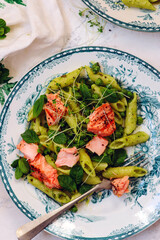 pasta with salmon and peas.style rustic