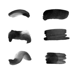 Black stains of watercolor paint. Artistic wash, blot and splashes. Abstract shape with brush strokes. Watercolor